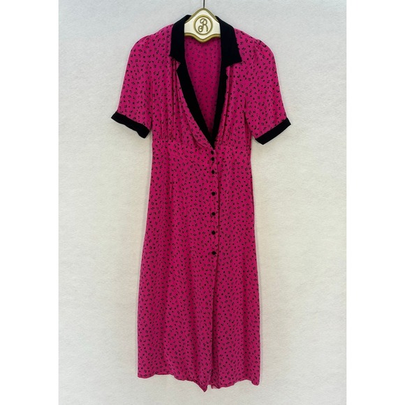 ASOS Midi Dress Women size 6 Pink Black Floral V Neck Button Collar Retro Pin Up - Picture 1 of 11